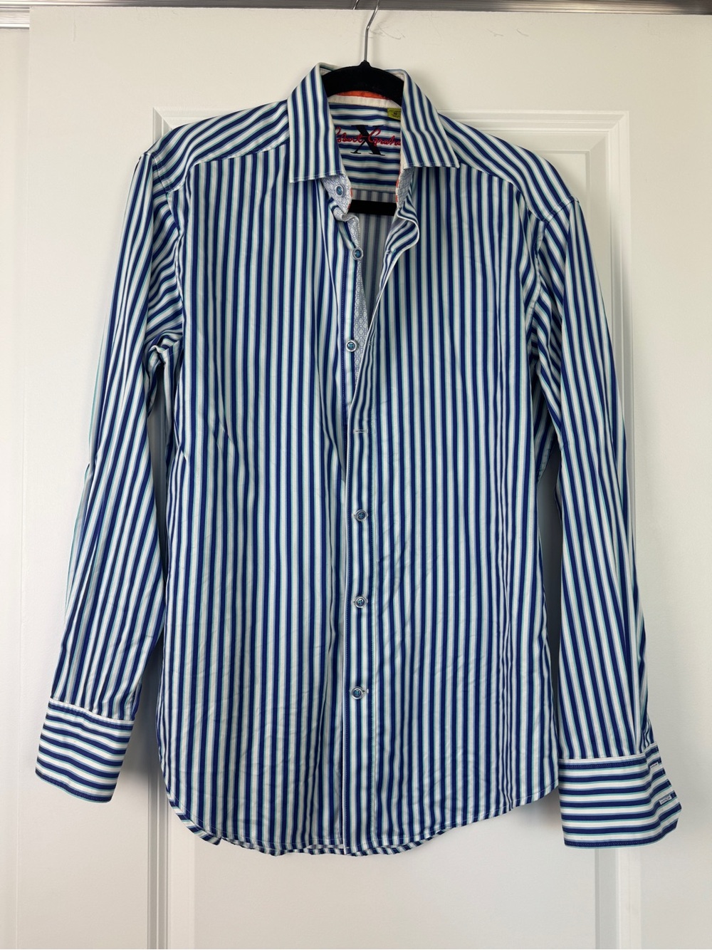 Robert Graham Blue Striped 100% Cotton Dress Shirt, Medium